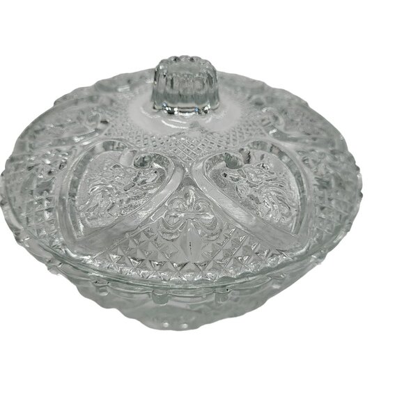 Vintage KIG Malaysia Depression Glass Candy Nut Dish Lid Rose & Heart Design - Picture 9 of 10